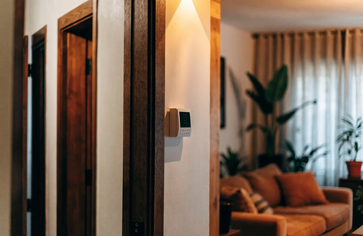 Panel de alarma inalámbrico instalado en la pared de la sala de una casa